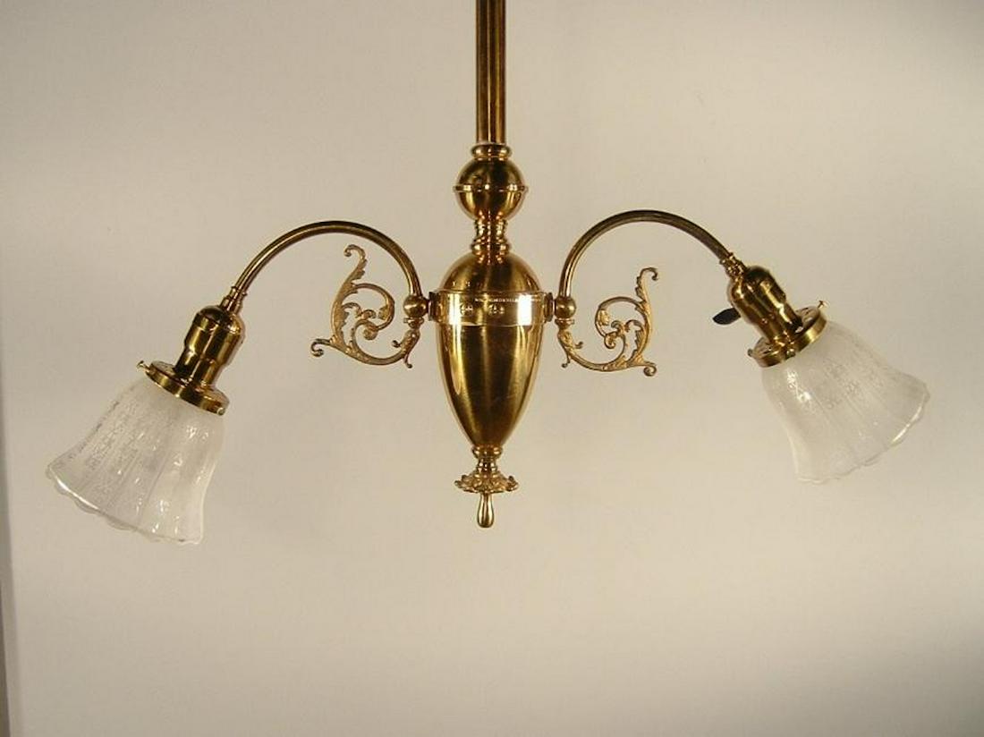 "WAKEFIELD" Victorian Style Light Fixture (2 Light): Ca. 1905 Charming two arm Victorian style fixture made by "Wakefield" fitted with reproduction shades. 32"H x 26"W