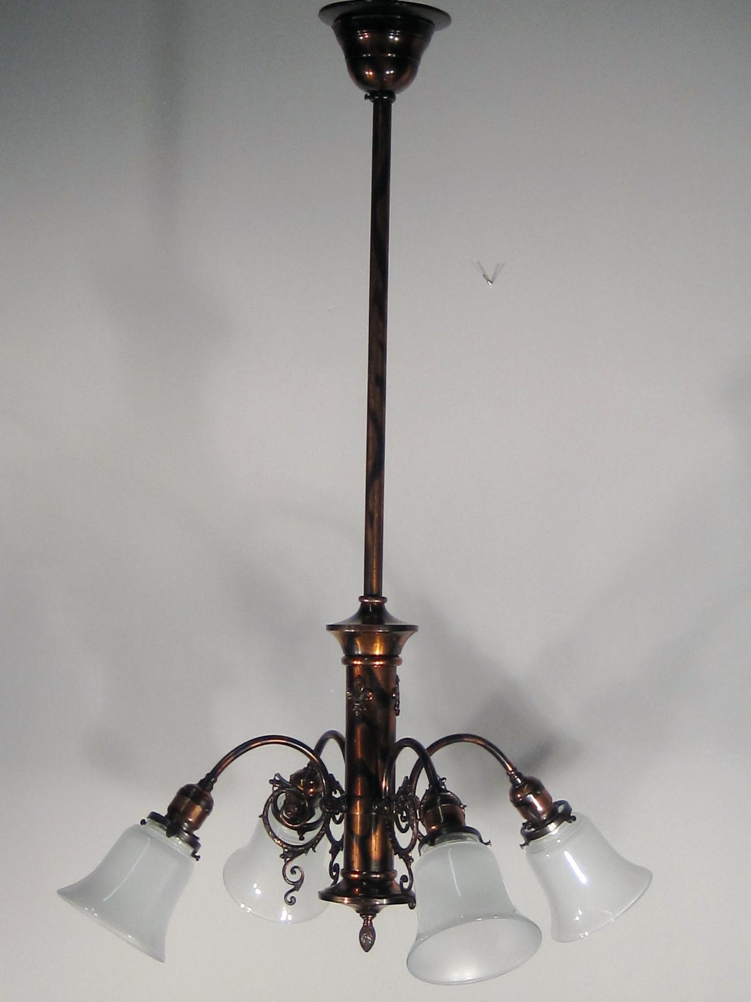 Antique Japanned Finish Light Fixture (4 light): Ca. 1905 Hard to find original 'Japanned' finish fixture, the original term for this finish was called 'oxidized copper'. This fixture was sourced in Toronto and is fitted with four sandblasted shades