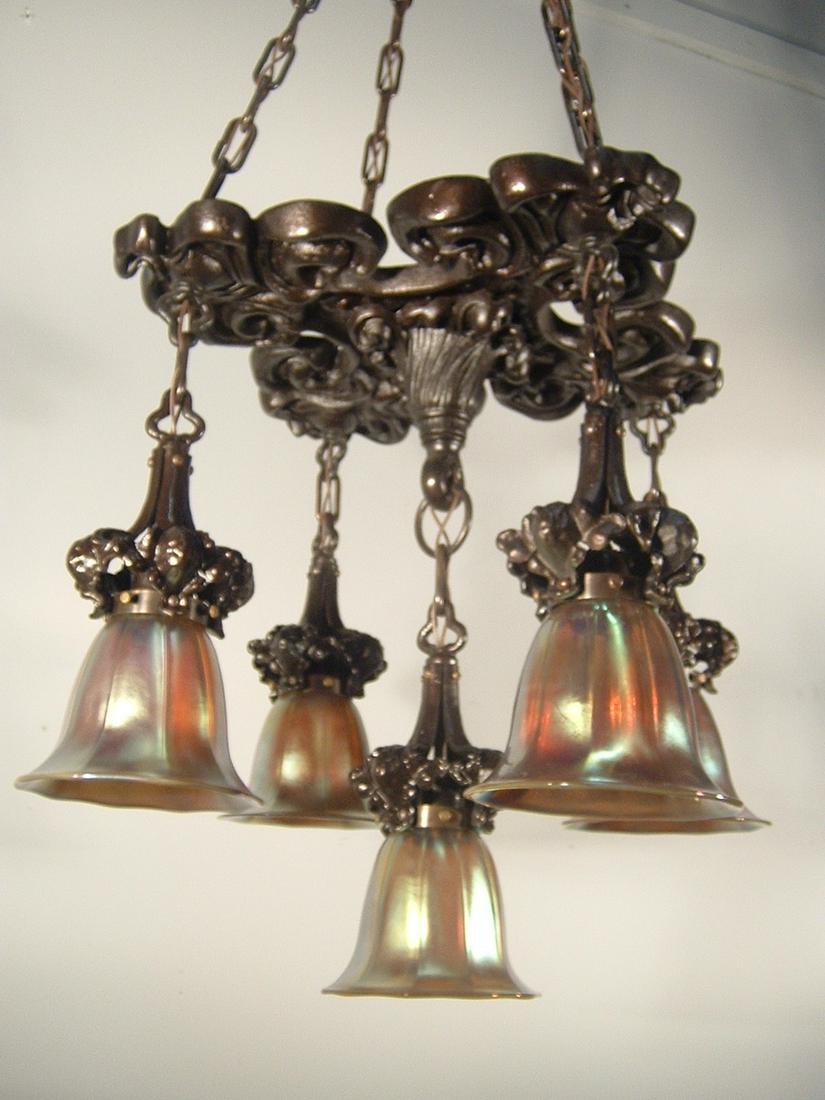 BEARDSLEE Gothic Shower Light Fixture (5 Light): Ca. 1910 Found in Cincinnati, Ohio. Outstanding, highly unusual 'shower fixture', all original parts in the Arts and Crafts, Gothic style. Plated cast iron restored to its original dark cinnamon bronz