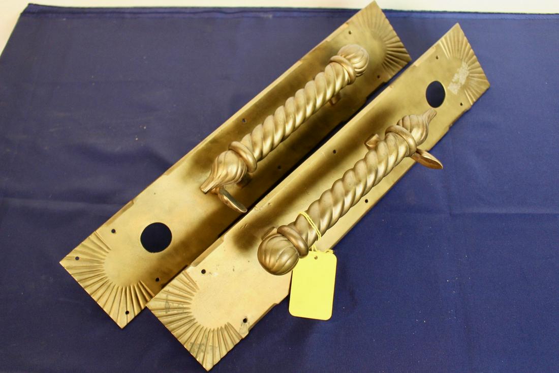 Pair of Commercial Bronze Door Grips / Pulls: Ca. 1900 Pair of commercial bronze door grips / pulls. Aesthetic style. 18.25"H x 3.5"W
