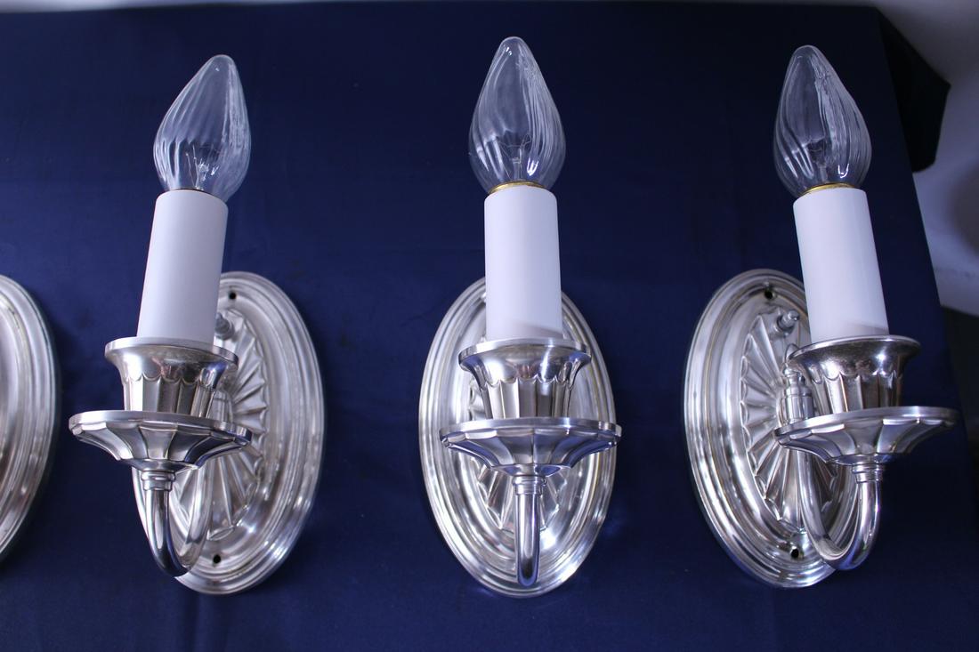Set of 3 Miller Sliver Plated Wall Sconces C. 1910: Set of 3 Miller Sliver Plated Wall Sconces C. 1910. Fully restored. Each measures 11"H x 6"Deep x 5"W (the base)