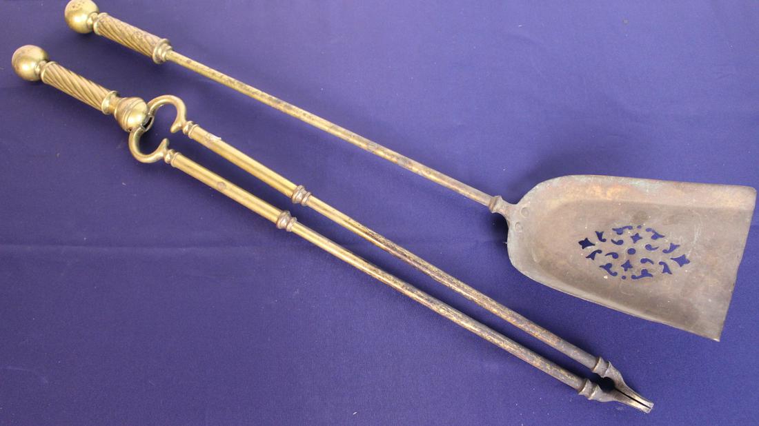 Early 19th C. Victorian Fireplace Set: Early 19th C. Iron Fireplace Poker. Measures 36" x 5". Victorian Fireplace Set, Shovel and Log Grabber. Made of brass. Shovel measures 27" x 5.5"