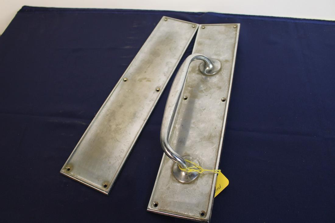 Pair of Nickel Plated Bronze Door Push and Pull: Ca. 1930 Nickel plated bronze door push and pull. Approx. 8"H x 2.8"W.