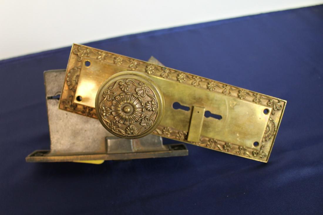 C.1905 Residential Entry and Lock Set: Ca.1905 Residential entry and lock set complete cast rose bronze, 9"H x 5"W