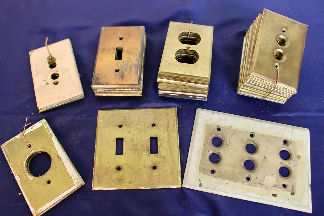 76 pcs of Antique Brass Light Switch Wall Plates: Antique brass light switch wall plates, 7 different designs. 1 x 6 holes, 6.25" x 4.5", 1 x 2 holes Square 4.5" x 4.5", 5 x 2 round holes, 4.5" x 2.8", 5 x big round holes, 4.5" x 2.8", 14 x rectangle