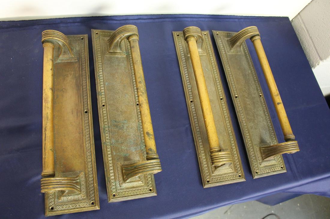 2 Pair Commercial Bronze Door Pulls: 2 Pairs of heavy commercial bronze heavy door pulls, salvaged from a bank or hotel, 16"H x 4"W