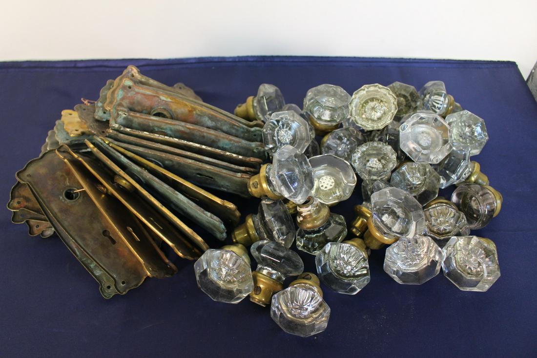 13 Set of Crystal and Glass Door Set: Vintage design crystal and glass door set, most of them are octagon shape, 13 set, 7"x 2.5", 2"D x 2.25"L