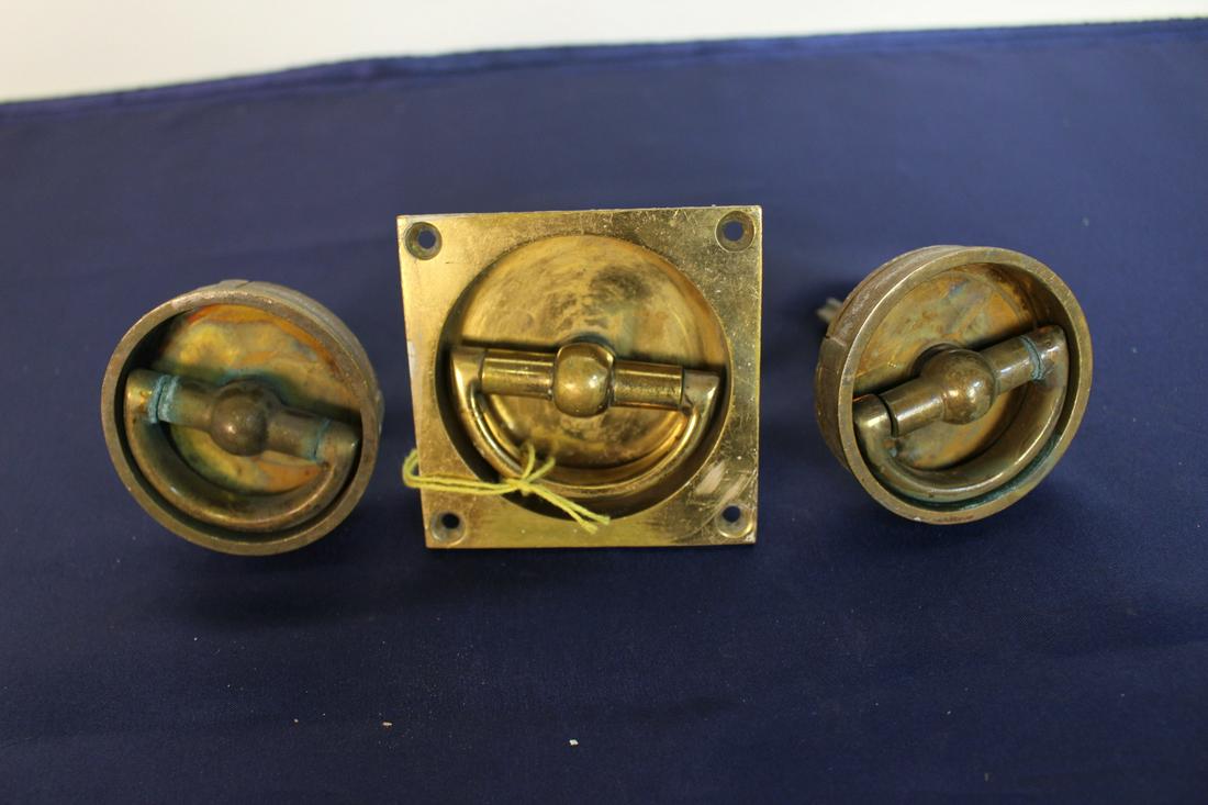 3 Brass Turning Buckles: Three original design turning door buckles, 3" x 3", 3.25" x 2.5"