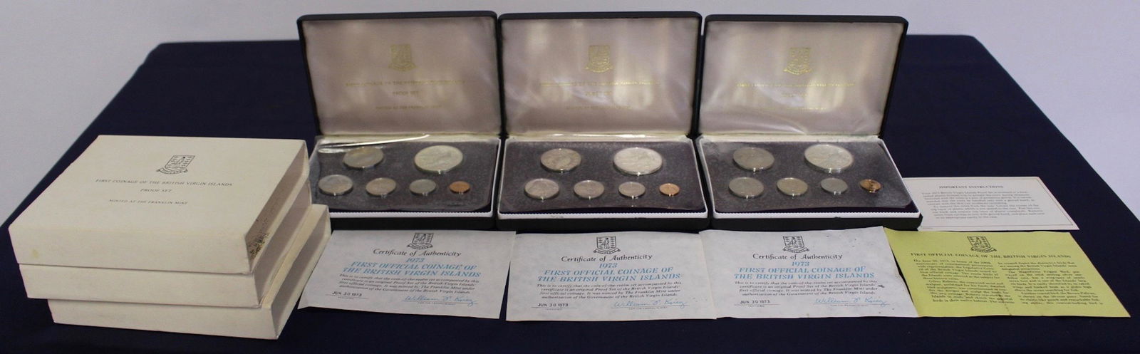 Three 1973 Proof Sets of First Coinage of British: Three 1973 Proof Sets of First Coinage of British Virgin Islands. Minted at the Franklin Mint. Each box contains 6 coins. Each box measures 6.25" x 4.5" x 1".