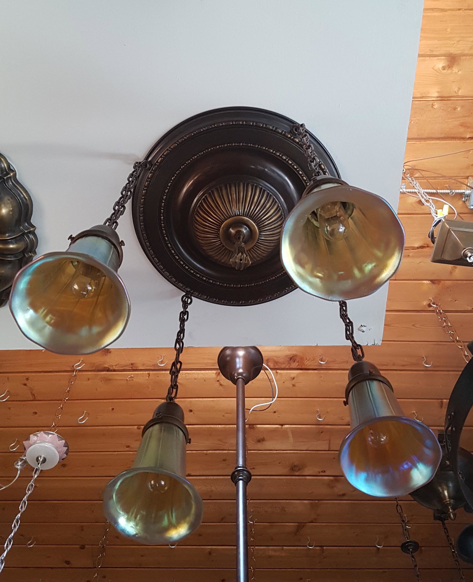 4 Light Flushmount with Art Glass Shades: 4 Light Flushmount with Art Glass Shades, C. 1920. Measures 22"H x 21"D.