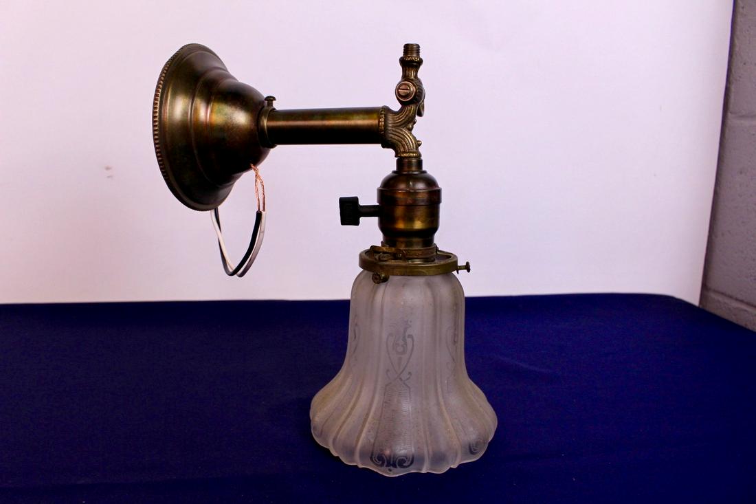 Original Combination Gas and Electric Wall Sconce with: Original combination gas and electric wall sconce with original beautiful Sheffield Shade, measures 9.5"L x 4.5"D (shade)
