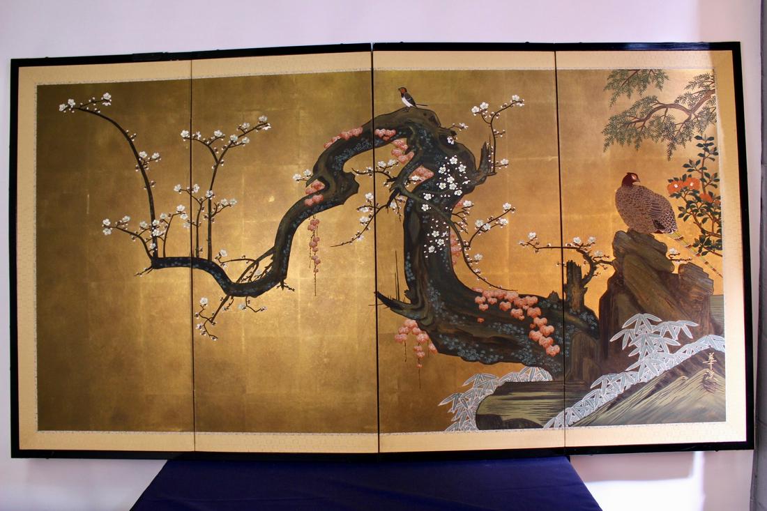 Hand Painted Japanese Folding Screen with Pine Tree and (1 of 14)