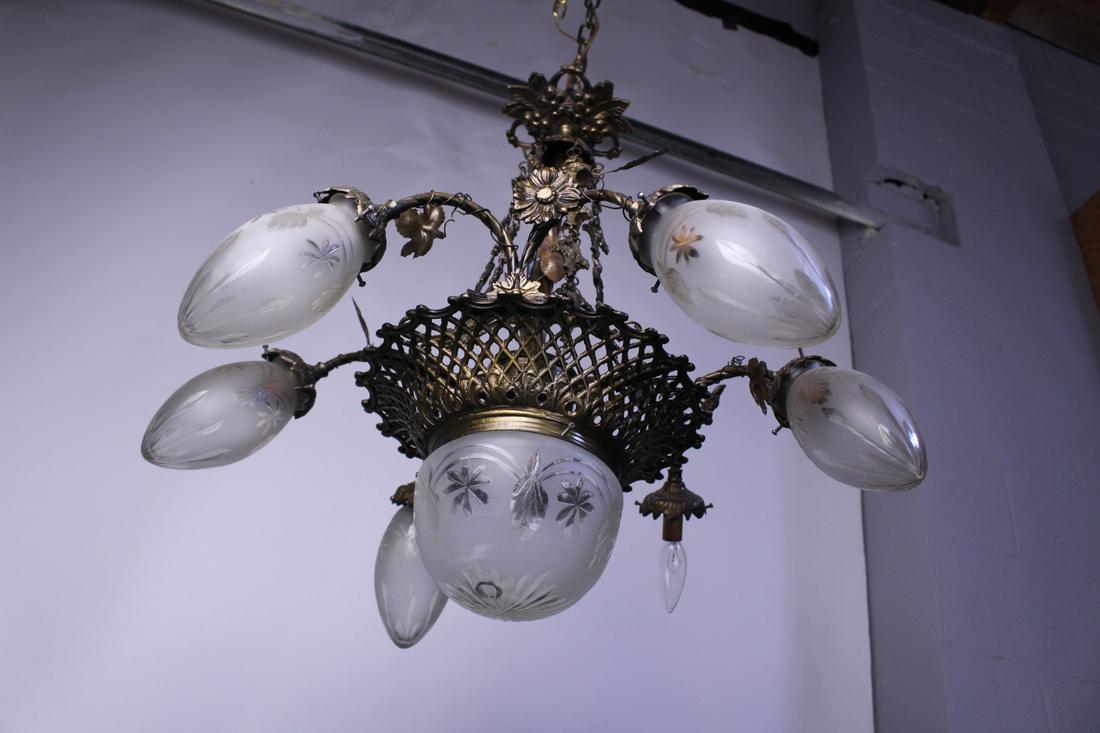 Antique Brass Etched Glass Hanging Light Fixture (1 of 14)