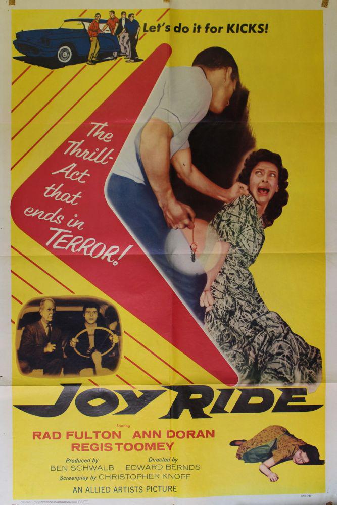 "Joy Ride" Movie Poster & Set of Lobby Cards: Original studio stamped Joy Ride movie poster from 1958 along with a set of 8 original lobby cards. Paul (Rad Fulton) and three other punks, Arnie (Nicholas King), Vince (Robert Levin) and Dirk (Jim B
