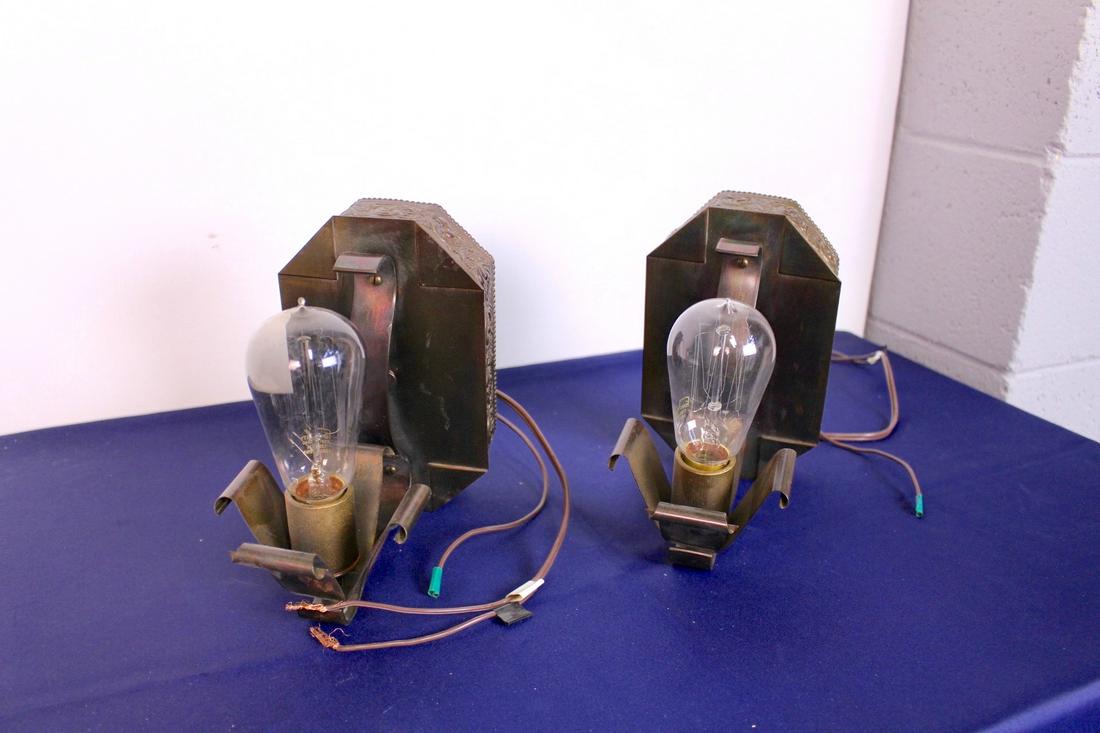 Pair of American Style Arts and Crafts Sconces: Ca.1915 Pair of sconces in the style of American Arts and Crafts. Restored to original olive bronze finish, rewired, and restored. Measures 8"H x 5.5"W x 9"D