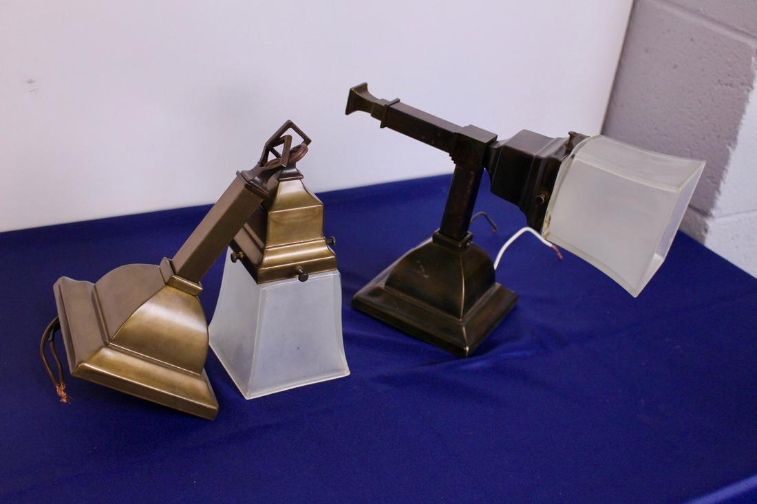 Two Arts and Crafts Mission Link Arm Wall Sconces: Two Arts and Crafts Mission Link Arm Wall Sconces with Shades, with olive and chocolate bronze finishes, measures 11.5"x7"x4.5", 9.5"x7.5"x4.5"