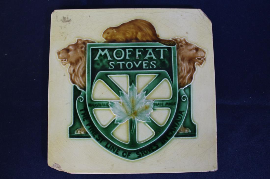 Moffat Stoves Ceramic Tile: Moffat Stoves ceramic tiles, circa 1920, motto reads "The Finest Line of Stoves in Canada" and the iconic Canadian symbol of the maple leaf and beaver in the design. Moffat was a Canadian company foun