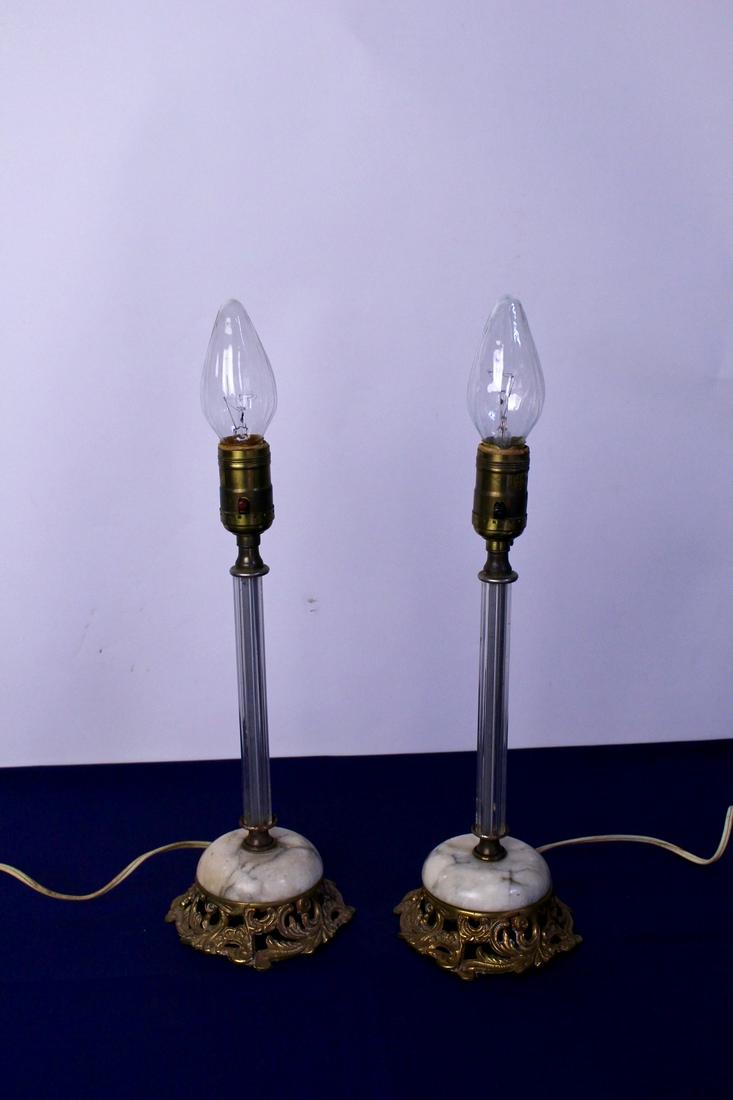 Pair of Antique Ornate Brass and Marble Lamp: Pair of antique ornate brass and marble lamp, from the 1930s, each measures 13.5"H x 5.5"D, bulb not included
