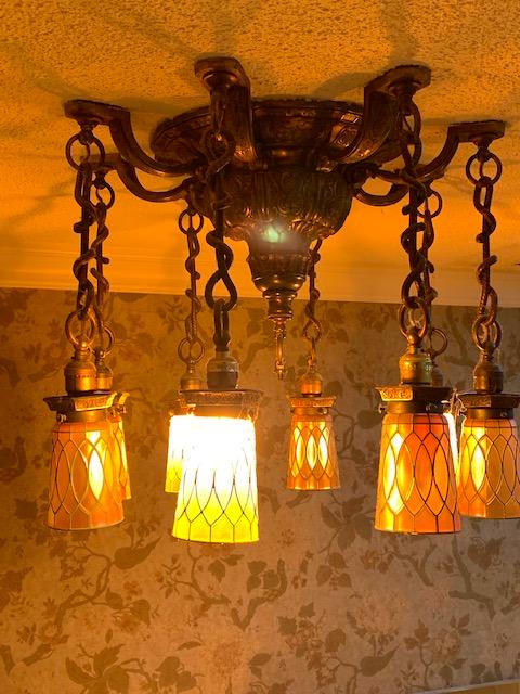 C.1905 Flush Mount Fixture with Handel Style Art Glass Shades (1 of 13)