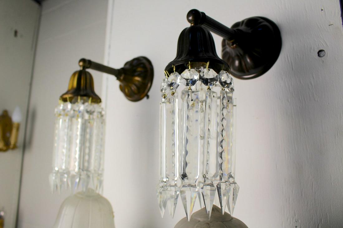 Pair of Sheffield Style Crystal Wall Sconces: Pair of Sheffield style wall sconces with crystals. Bronze and chocolate brown finished. Each measures 4.5"W x 8.5"Depth