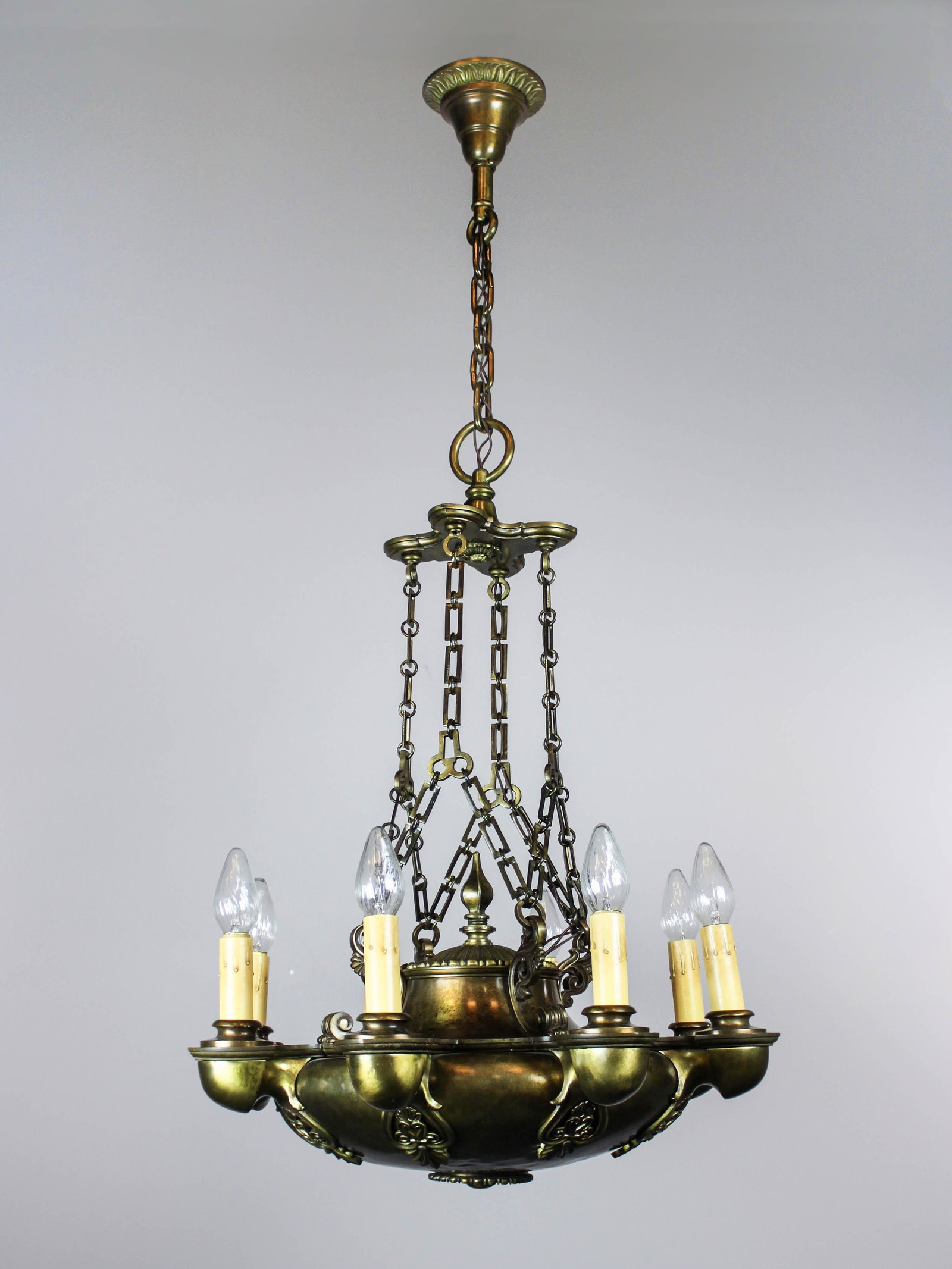 "MILLER" Powerful Empire Light Fixture (8 Light): Ca.1915 Attributed to 'Miller' and likely used as a commercial fixture due to its size, complexity and number of sockets. Meas: 52"H x 27"W