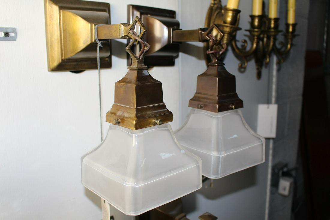 Pair of Arts and Crafts Mission Sconce with Shades: Pair of Arts and Crafts Mission Style scones with linked arm. Frosted white shades are included. Each measures 8.5"L x 7"D