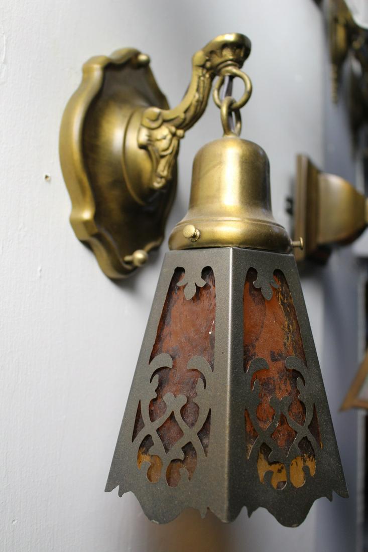 Edwardian Sconce with Cut Out Shade: Edwardian wall sconce with orange cut-out shade. Measures 13"H (shade included) x 5.5"Depth