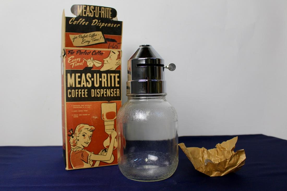 Vintage Meas U Rite Coffee Dispenser: Vintage Meas U Rite coffee dispenser in good condition. Measures 9.5"H x 4.8"W x 4.8"L