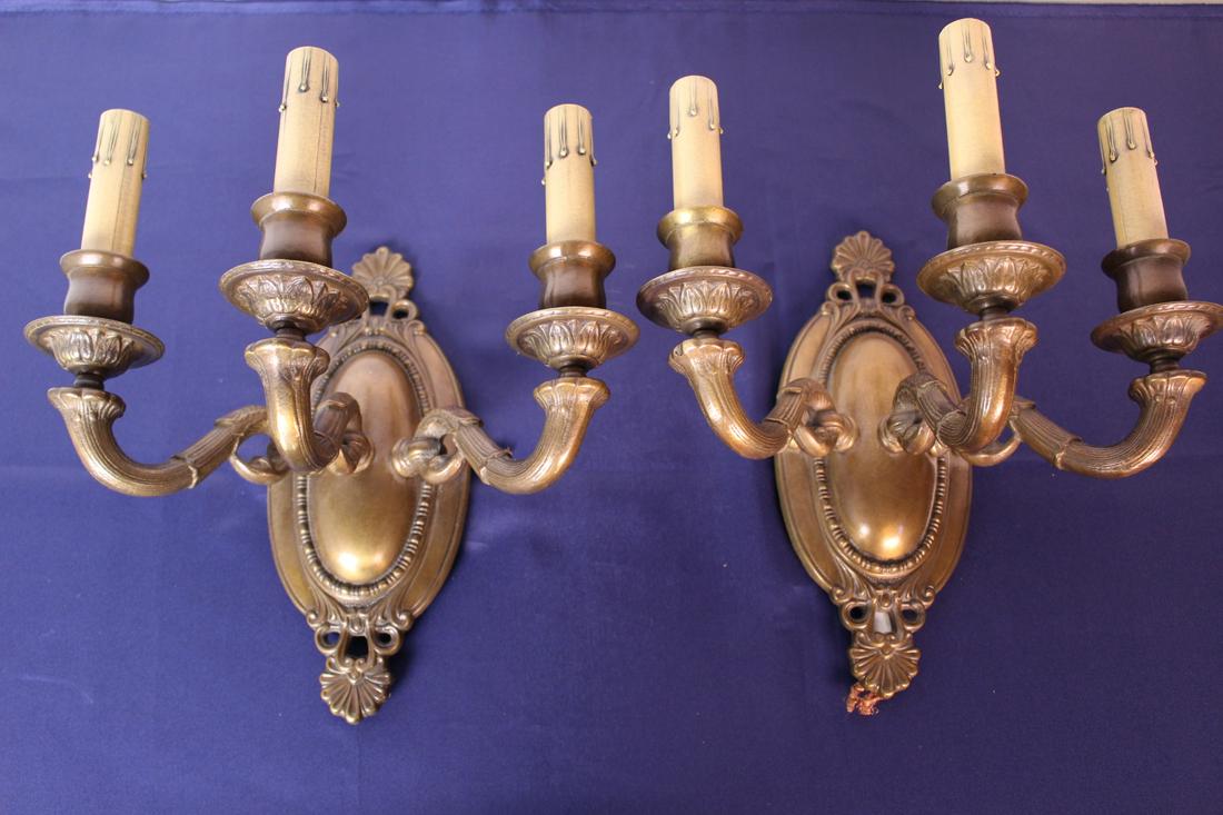 Pair of Three Arm Brass Wall Sconces (1 of 5)