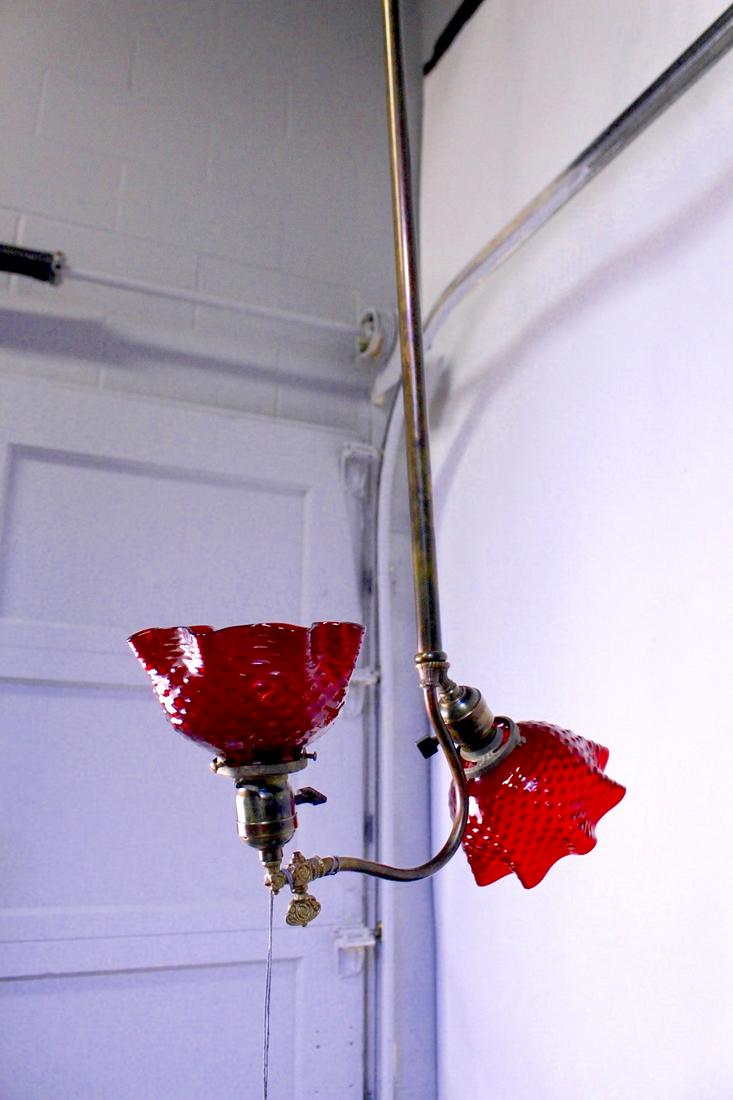 Rare Gas Converted Electric Pendant with Cranberry Hobnail Shades (1 of 9)