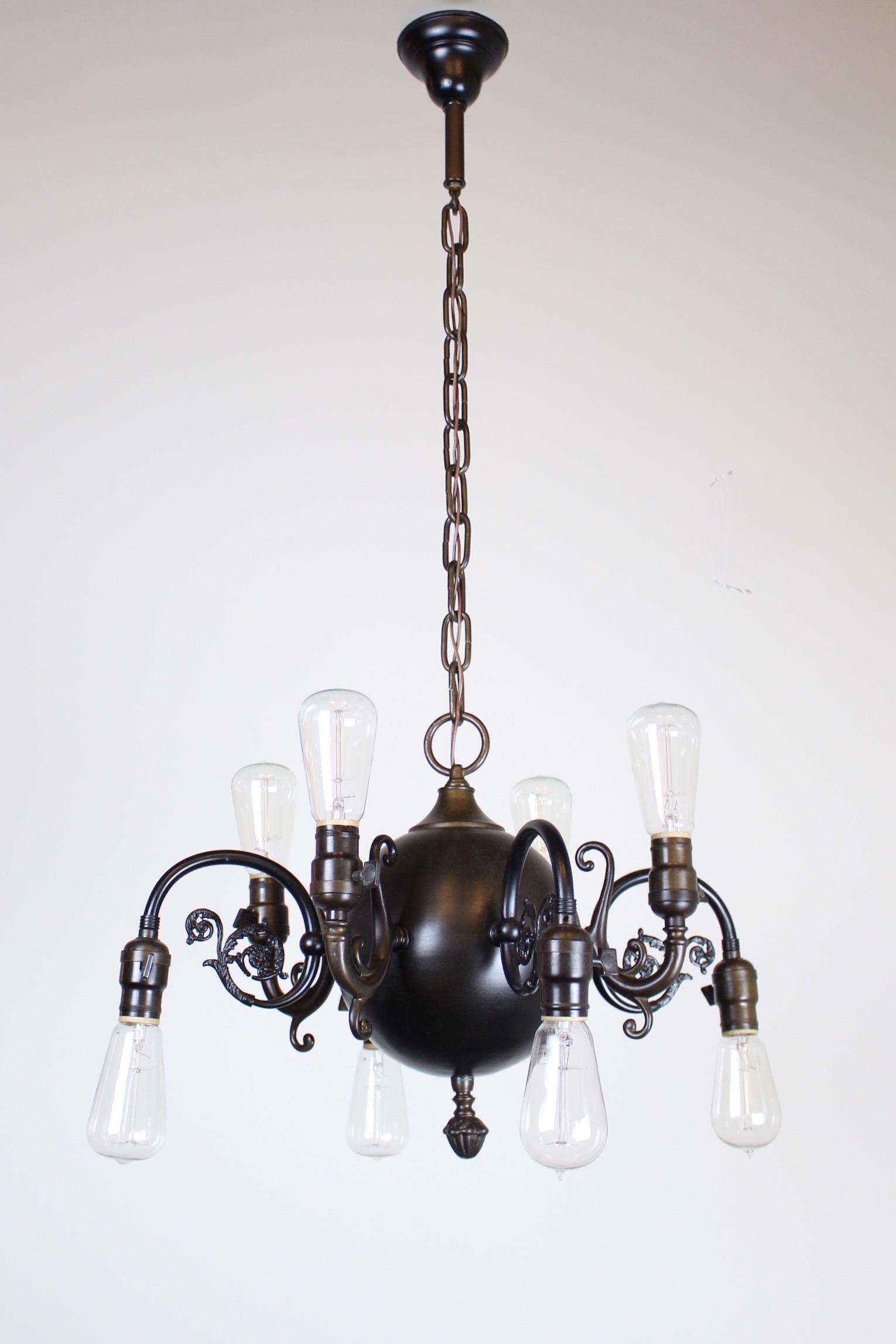 Transitional Style Electric Fixture 1915 8 Light: Circa 1915. Eight arms. Edwardian and Arts and Crafts. Rewired. 41"L x 22"Dia