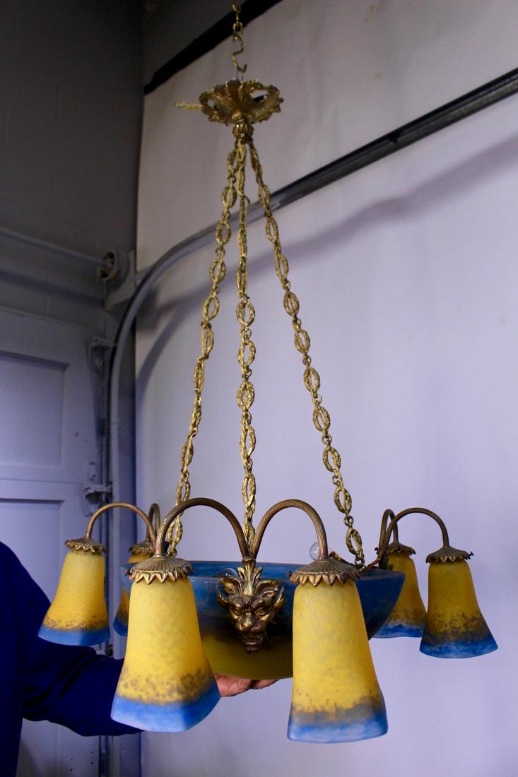 Muller Freres Lunenville French Art Deco Gilt Fixture with Lion Masks (1 of 15)