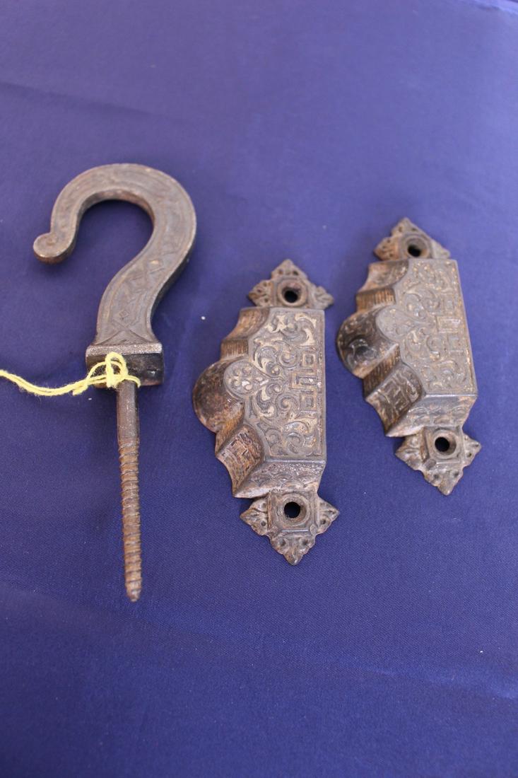 Decorated Hook and Drawer Pulls: One unique design decorated hook, two decorated drawer pulls, 4" x 2", 6.25" x 2.25"
