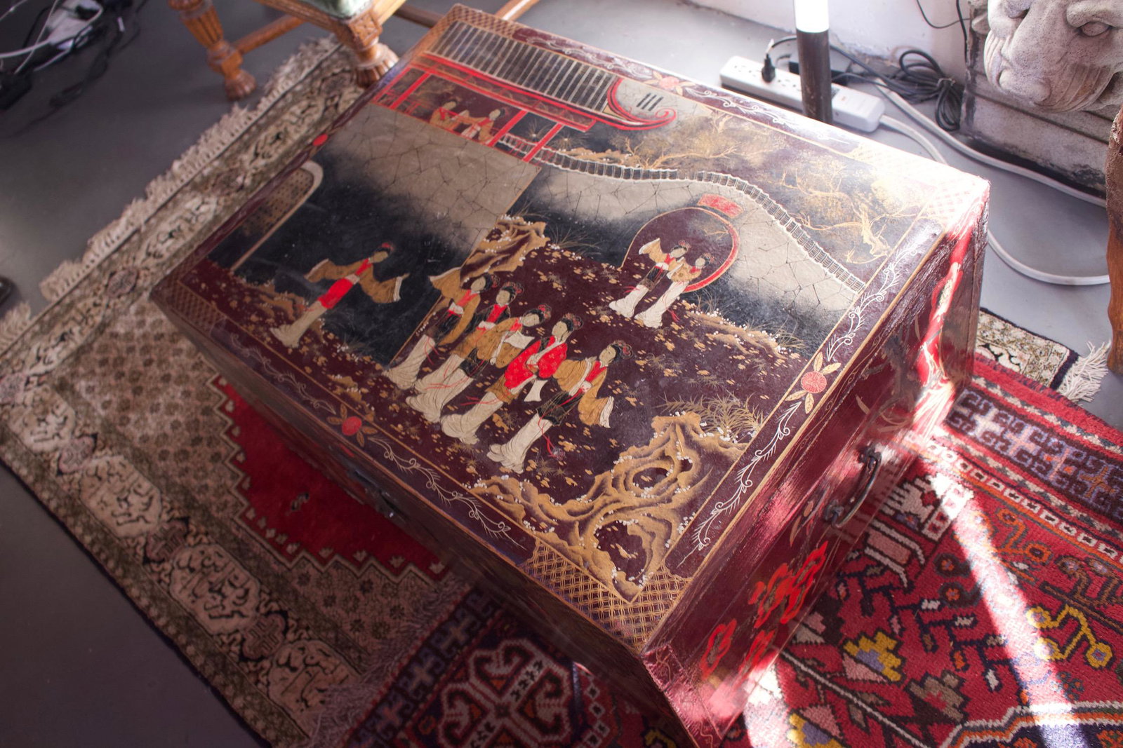 Painted Chinese Travel Trunk: Painted Chinese Travel Trunk, measures 31.5"L x 23.5"W x 15.5"H