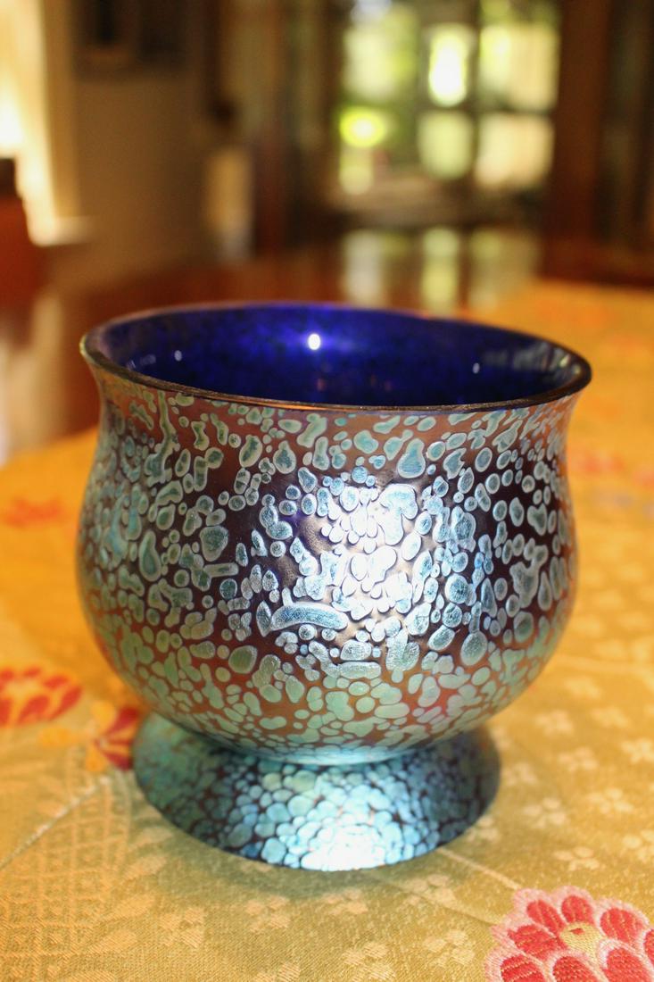 Loetz Cobalt Papillon Art Glass Bowl: Loetz cobalt papillon patternart glass bowl, unsigned. Measures 4 3/4"W x 4 3/4"H