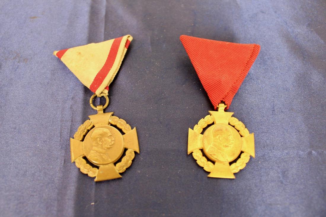 Two Austria Hungary Jubilee Cross Medals (1848 to 1908): Two Austria Hungary Jubilee Cross Medals (1848 to 1908) with civilian version ribbons. Each measures 3.5" x 2" with ribbons.