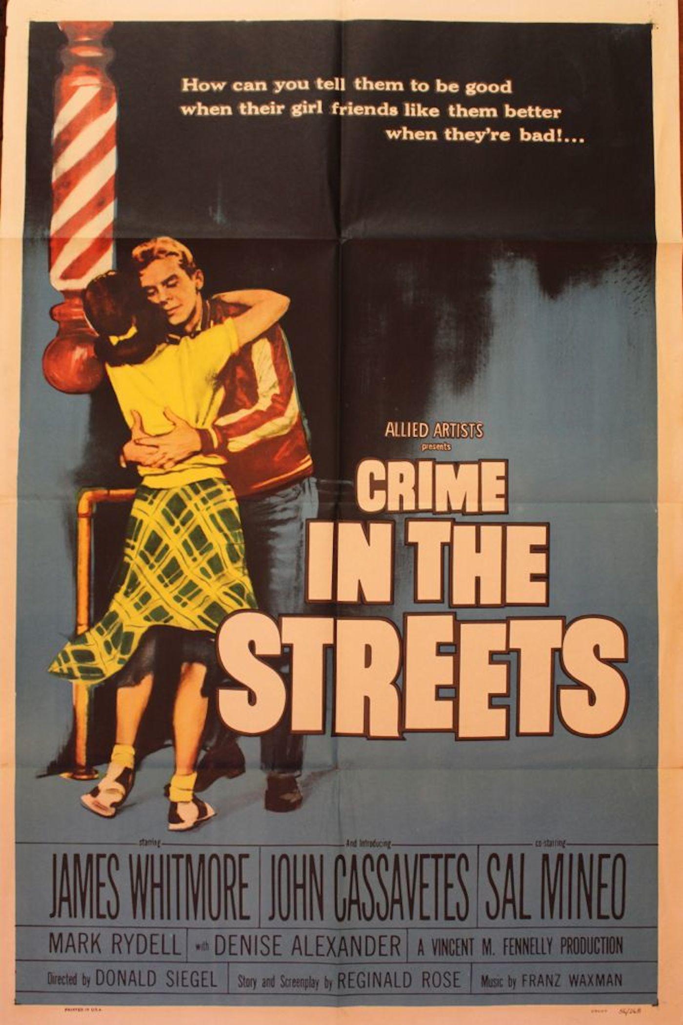 Crime in the Street Original Movie Poster 1956: Original studio stamped Crime in the Streets (1956) movie poster. Folded as original. Plot: On New York Citys mean streets, the boys join gangs at 15. Frankie Dane (John Cassavetes) leads the Hornets.