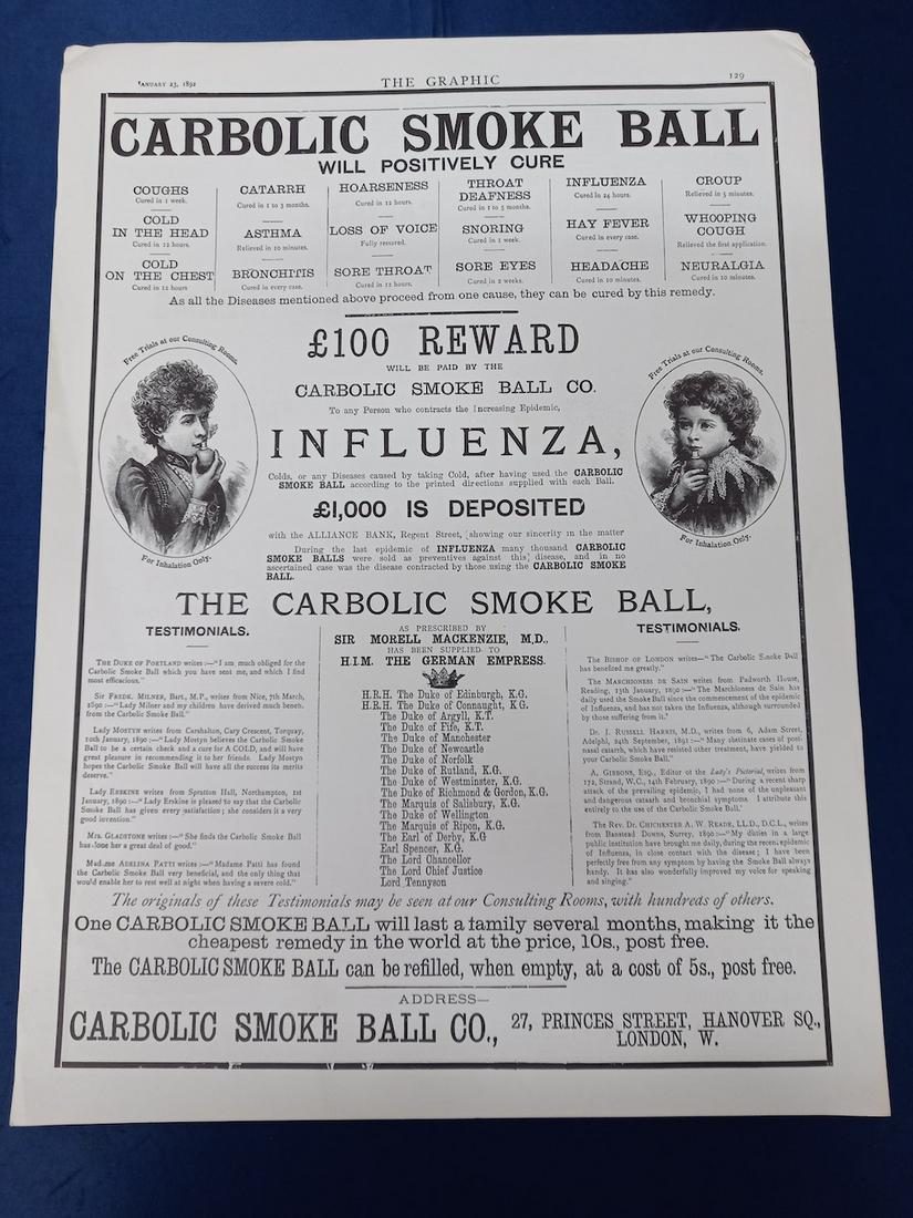Carbolic Smoke Ball Advertisement Print: Circa 1892 Carbolic Smoke Ball Advertisement Print from Magazine The Graphic. Carlill vs Carbolic Smoke Ball Co., is probably the most famous case in English contract law in history. Print measures 11