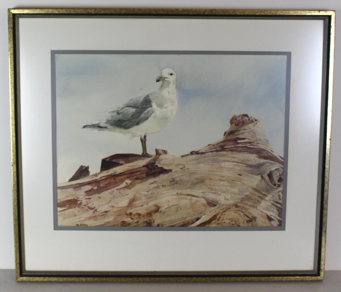 Mel Heath Watercolour of Seagull on Tree Trunk: Mel Heath Watercolour of Seagull on Tree Trunk, dated '73. Measures 29.50" x 25" x 1.35".
