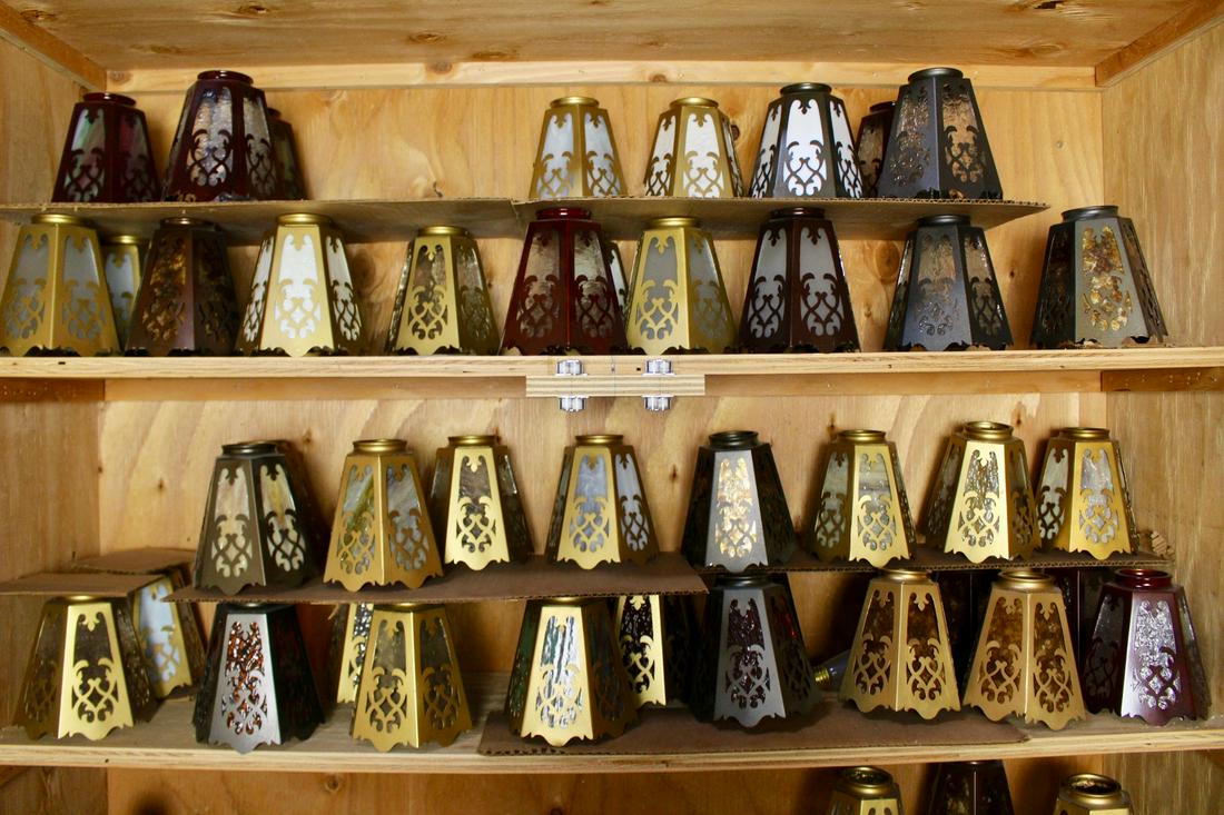 Cut Out Glass Shade Collection: 50 pieces of cut out glass shades in excellent condition. They come with a variety of different cut glasses. Each measure approx. 5.5"H x 2" fitter. Sold as is.