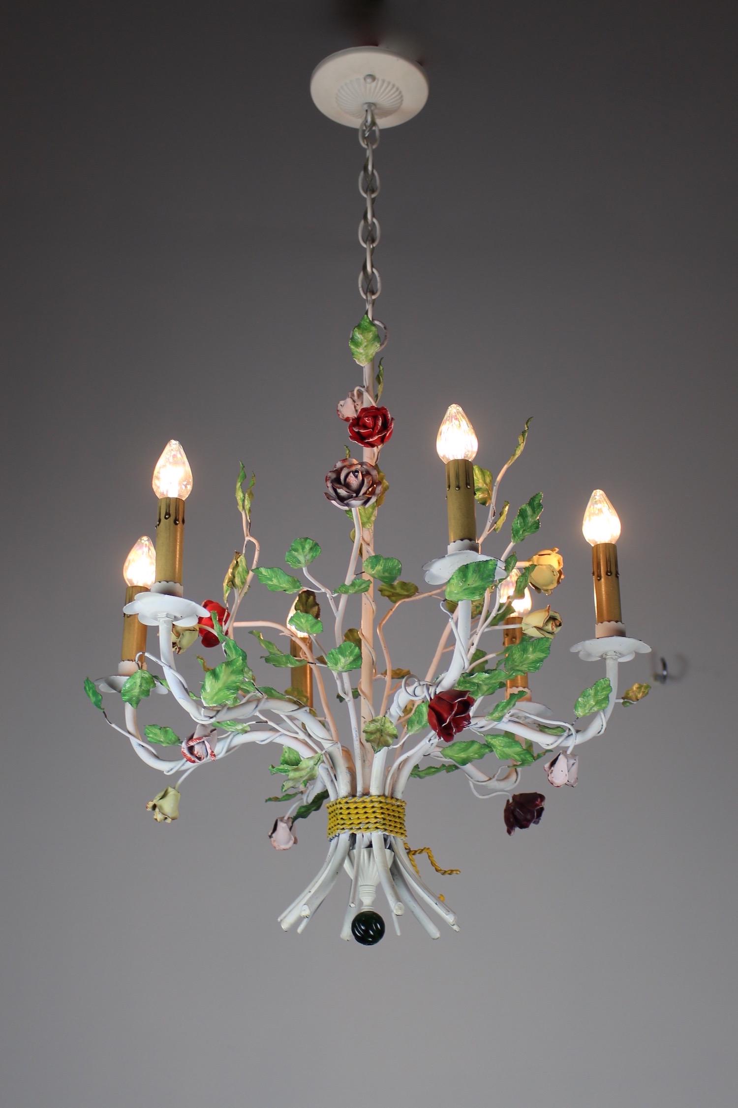 1950s Vintage Floral Chandelier: This is a super cute and kitschy Mid-Century light, circa 1955. Possibly Italian, this six-light chandelier has been formed into a bouquet of colourful roses. A darling and fun light, totally restored