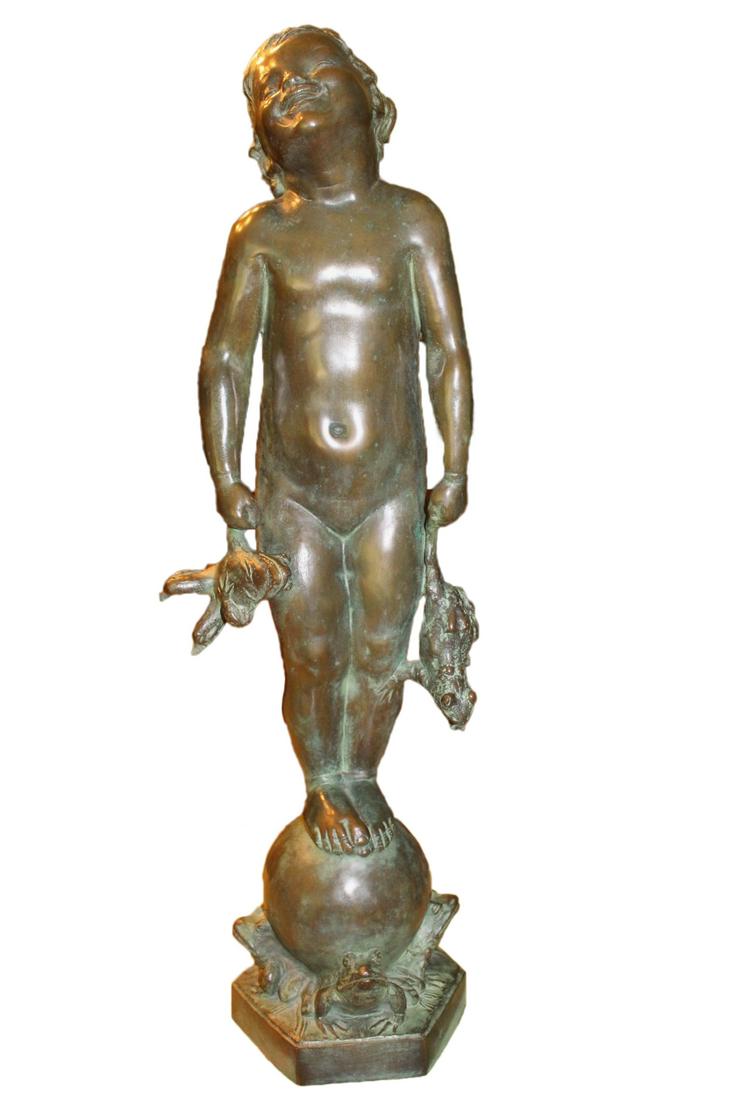 Frog Baby by Edith Barretto Parsons (1878 to 1956): Bronze figural statue as a standing child with frogs. Stamped "E B. Parsons" on the base. Edith Barretto Stevens Parsons (1878 to 1956) was a American sculptor. The statue has a "Gorham Co" mark. Meas