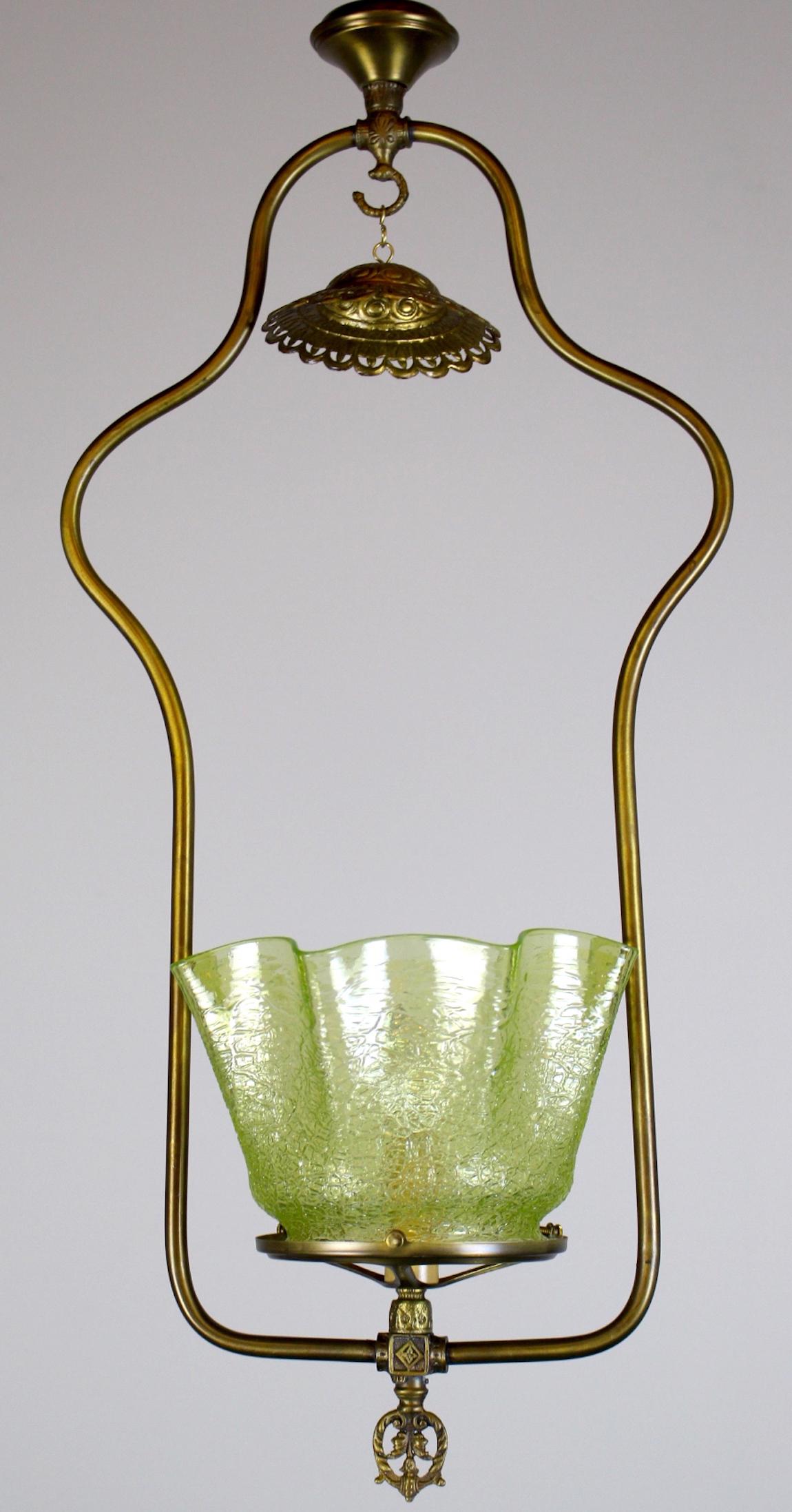 C. 1895 Victorian Gas Hall Harp: Rare and Unusual Converted Gas hall Harp. Refinished in A Medium Brass Colour. This c.1895 fixture has been fitted with a truly wonderful Green Uranium Crackle glass antique Victorian shade. Meas: 37"