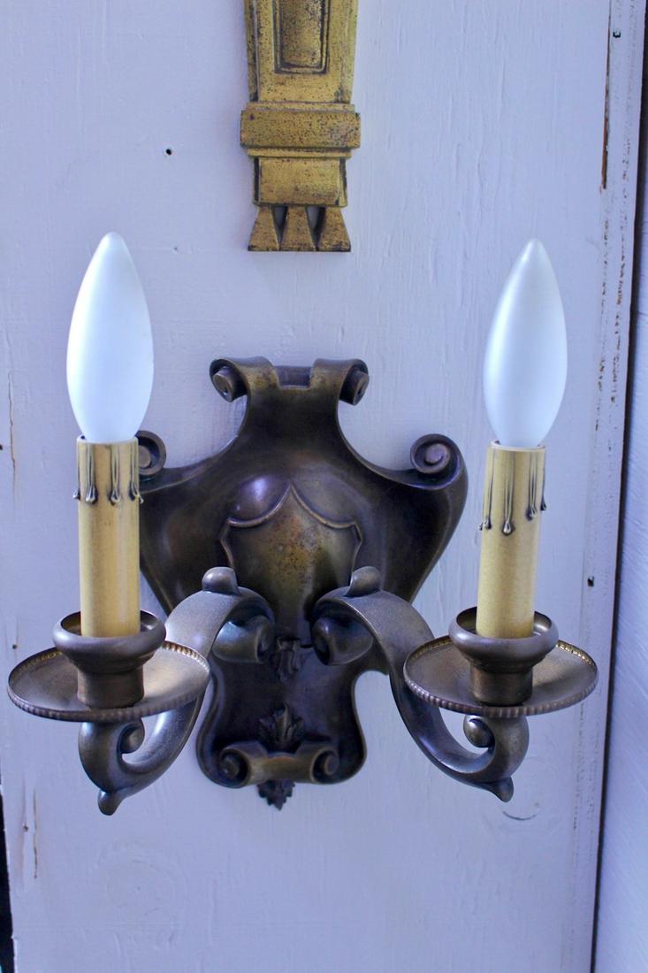 Circa 1905 Two Arm Colonial Heavy Bronze Cast Wall Sconces (1 of 5)
