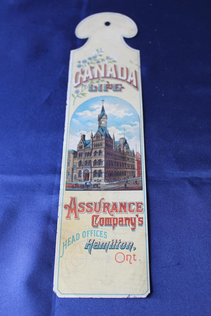 Antique Painted Metal Canada Advertising Plate: Antique-painted metal Canada Life Assurance Company Head Office Hamilton Ontario Advertising Plate. Writing on the back. Measures 12.5"H x 3"W