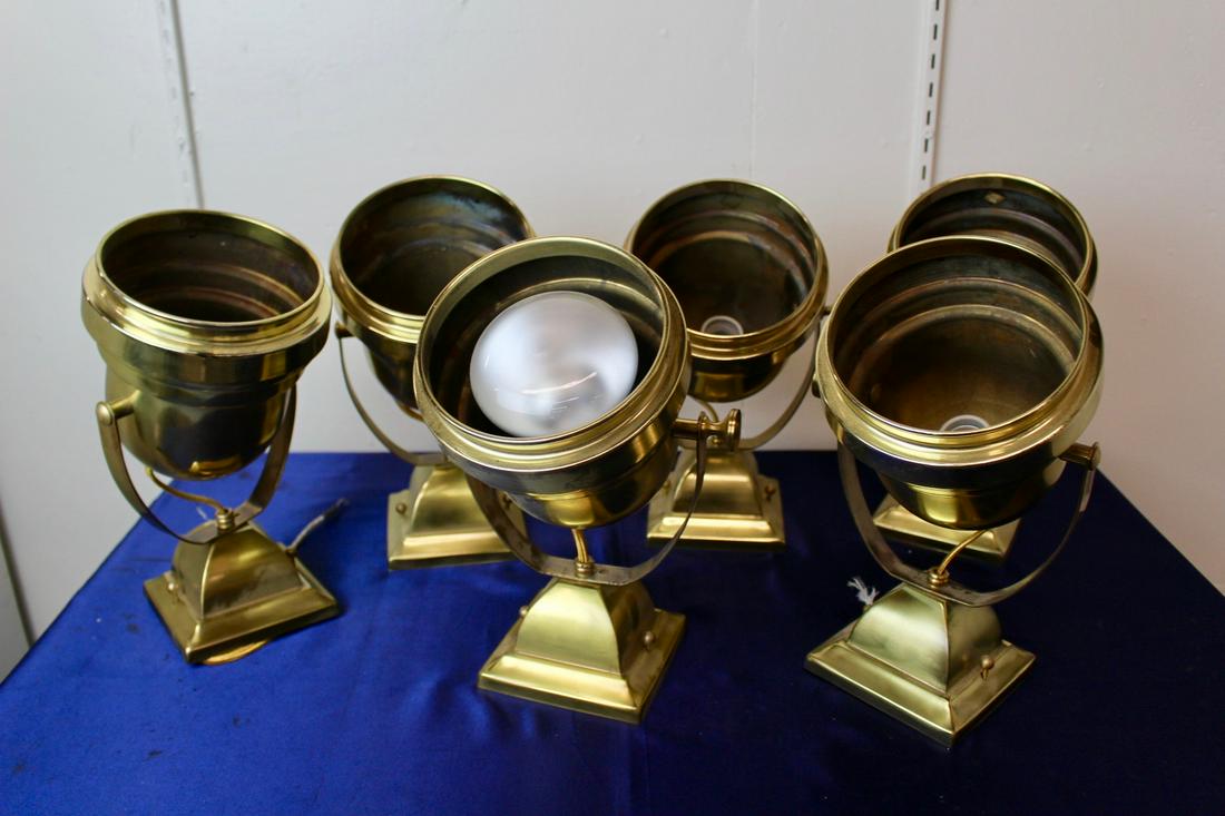 Refurbished Mid Century Vancouver Spotights Brass Finish: Ca. 1940 Set of 6 refurbished Mid Century Vancouver Spotlights in brass finish. Rewired and ready to mount. Measures 11 1/2"H x 6 1/2"Dia. each. Light bulb is not included.