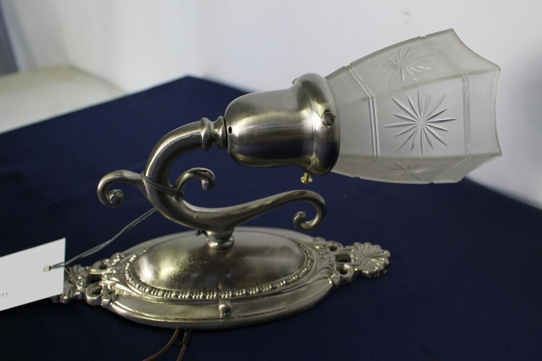 Edwardian Wall Sconce with Period Glass Shade: Edwardian wall sconce with period glass shade and fancy arm. Measures 4.25"W x 10.5"L x 6"Dia.