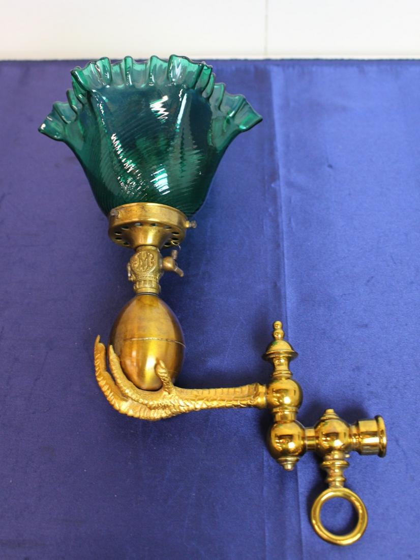 Rare Early Gas Sconce with Turkey Foot and Emerald Green Shade (1 of 11)