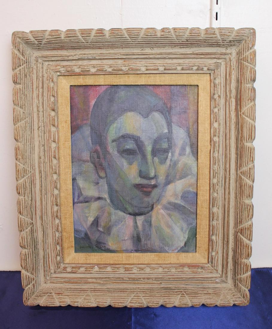 Portrait of a Harlequin Oil Painting by Dorothy Sklar: "Portrait of a Harlequin", 1954, oil painting by Dorothy Sklar (Californian, 1906-1996). Signed and dated "Dorthy Sklar '54 lower left, artist address label on the back. Copyright Pezar 1988. Beautifu