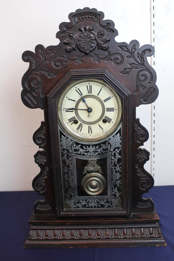 Circa 1880 Ansonia Gingerbread Wood Mantle Clock with Porcelain Face (1 of 11)